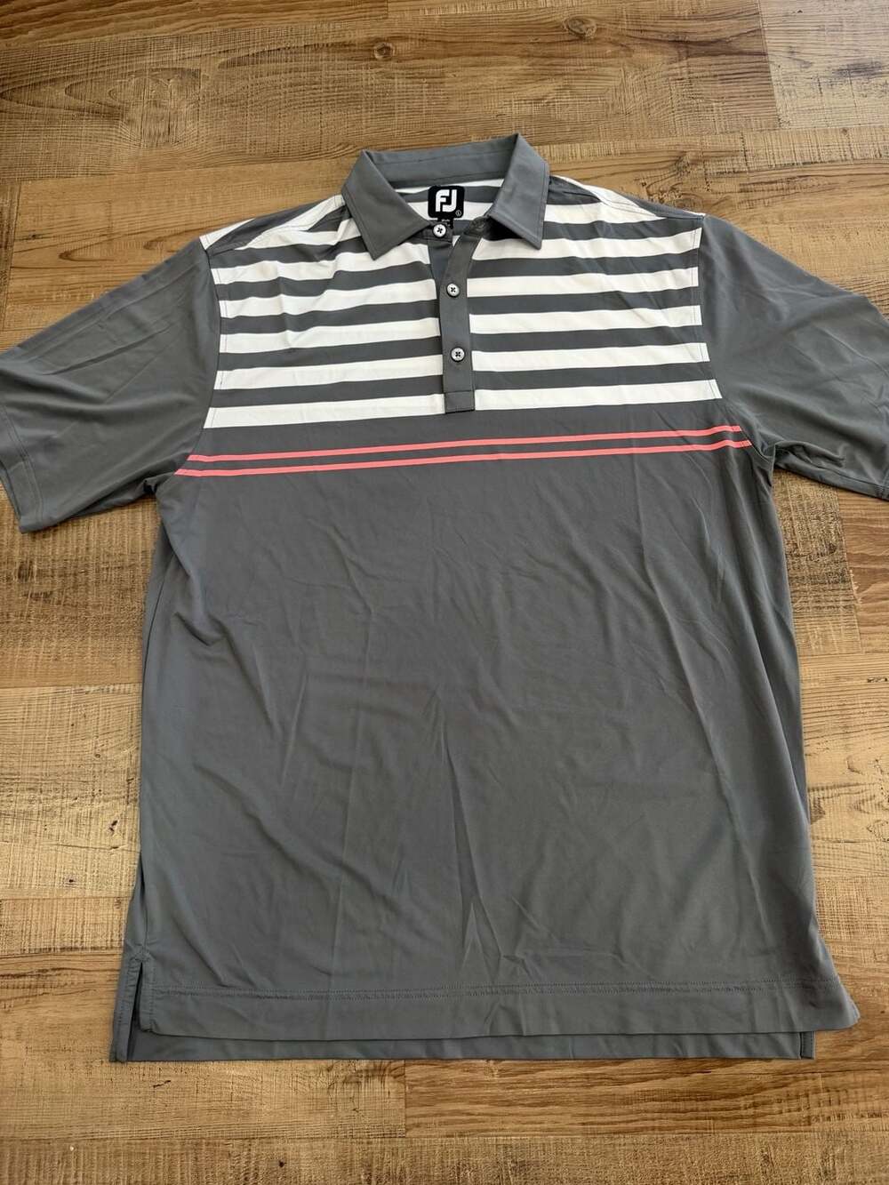 FootJoy FJ Golf Polo Shirt Mens Large Performance Grey White Stripe W LOGO